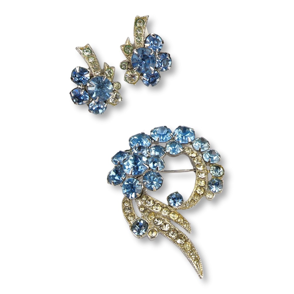 Eisenberg Ice Brooch Earring Set Rhinestone Blue Silver Tone Vintage Wreath